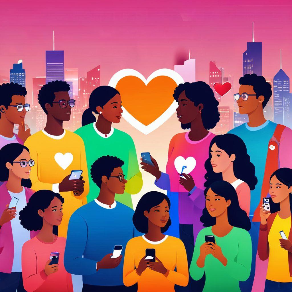 A vibrant illustration of a diverse group of singles using smartphones to connect, surrounded by heart-shaped icons and digital match symbols. In the background, a glowing skyline symbolizing modern relationships, with diverse colors representing different cultures and backgrounds, creating a sense of inclusivity and connection. The overall atmosphere should feel warm and inviting, highlighting themes of love and technology. super-realistic. vibrant colors. white background.