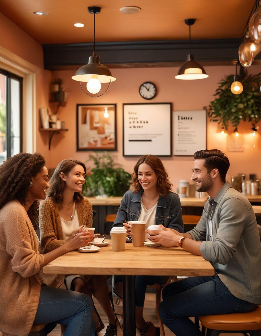 A cozy coffee shop setting featuring a diverse group of adults engaging in lively conversations, with subtle romantic undertones in the air. A visible array of dating app notifications on mobile devices, soft lighting creating an inviting atmosphere, and stylish decor enhancing the modern dating vibe. Capturing the essence of casual connections in a contemporary romance theme. super-realistic. warm colors. vibrant atmosphere.