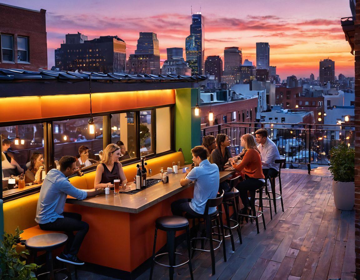 A vibrant and dynamic scene depicting a variety of modern social settings, such as a trendy rooftop bar, a bustling coffee shop, and a cozy lounge, where diverse young adults engage in casual conversations and laughter. Include elements like smartphones, playful body language, and subtle hints of romance, set against a city skyline at dusk. The colors should be lively and inviting, capturing the essence of contemporary dating culture. super-realistic. vibrant colors. urban background.